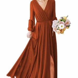 Women's V-Neck Neck Burnt Orange Bridesmaid Dress Long Sleeves Chiffon Formal